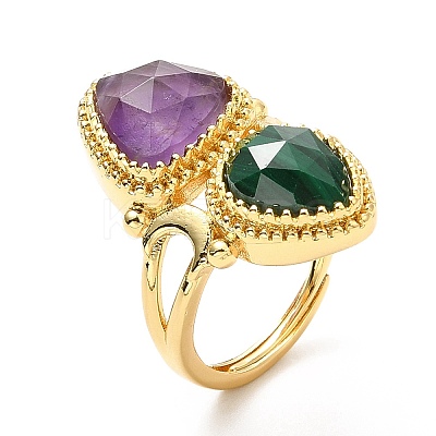 Natural Amethyst & Gemstone Twist Rhombus Adjustable Ring RJEW-C044-01G-1