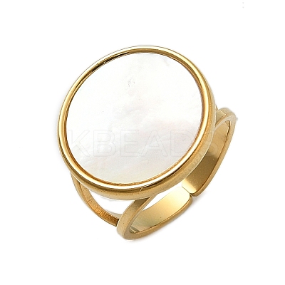 Flat Round 304 Stainless Steel White Shell Cuff Rings for Women RJEW-G346-02G-02-1