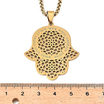 201 Stainless Steel Hollow Religion Hamsa Hand Pendant Necklaces NJEW-M086-01G-1