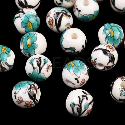 Floral Printed Porcelain Beads X-PORC-Q199-8mm-17-1