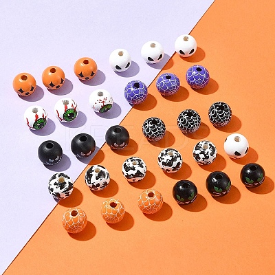 45Pcs 9 Colors Printed Round Wood European Beads WOOD-FS0001-21-1