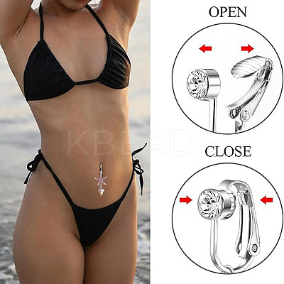 304 Stainless Steel Pave Cubic Zirconia & Plastic Pearl & Natural Shell Starfish Dangle Clip on Belly Rings FS-WG69EA3-02-1