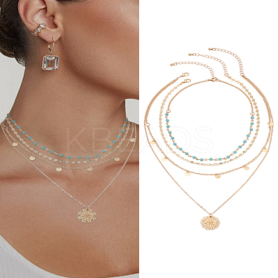 1Pc Bohemian Alloy Flat Round Pendant Multi Layered Necklaces for Women NJEW-LP0001-64-1