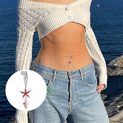 304 Stainless Steel Pave Cubic Zirconia & Plastic Pearl & Natural Shell Starfish Dangle Clip on Belly Rings FS-WG69EA3-03-1