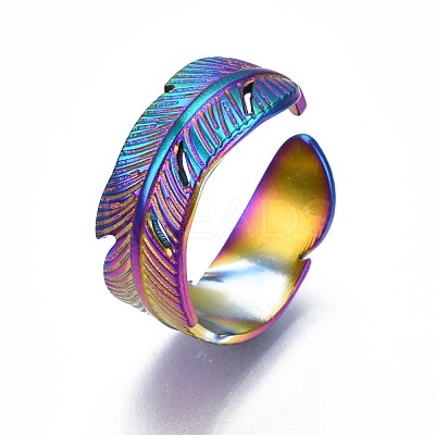 304 Stainless Steel Feather Wrapped Cuff Ring RJEW-N038-061-1