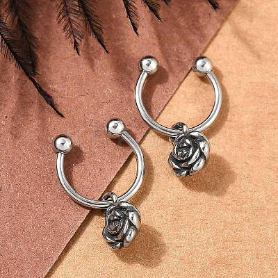 Rose Flower 316 Surgical Stainless Steel Dangle Half Hoop Earrings for Women EJEW-G416-45AS-1