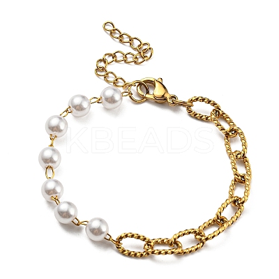 Ion Plating(IP) 304 Stainless Steel Paperclip & Plastic Pearl Beaded Chain Bracelet BJEW-E088-04G-1