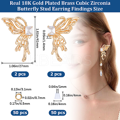 4Pcs 2 Style Brass Pave Clear Cubic Zirconia Butterfly Stud Earring Findings DIY-CN0002-73-1