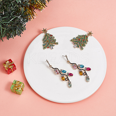 2 Pairs 2 Style Rhinestone Christmas Tree & Leaf Dangle Stud Earrings EJEW-AN0001-99-1