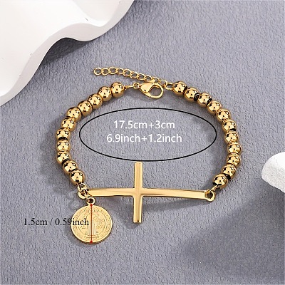 Cross & Flat Round with Saint Benedict 304 Stainless Steel Link Bracelets FS-WG3BB4A-01-1