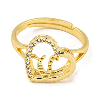 Heart with Letter Rack Plating Brass Micro Pave Cubic Zirconia Adjustable Rings for Women RJEW-I105-06G-V-1