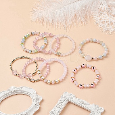 8Pcs 8 Style Mixed Gemstone & Shell Pearl & Cat Eye Stretch Bracelets Set BJEW-JB08782-1