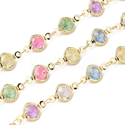 Colorful Handmade Flat Round Brass with Glass Link Chains CHC-K017-03G-1