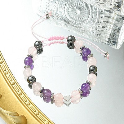 Natural Rose Quartz & Amethyst & Brass Heart Braided Bead Bracelet BJEW-JB09703-03-1