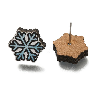 Christmas Printed Wood Stud Earrings for Women EJEW-U025-01J-1