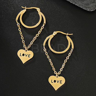 201 Stainless Steel Tassel Heart with LOVE Hoop Earrings VU5295-1