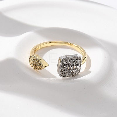 Teardrop & Square Brass Micro Pave Clear Cubic Zirconia Cuff Rings for Women RJEW-U041-24G-1