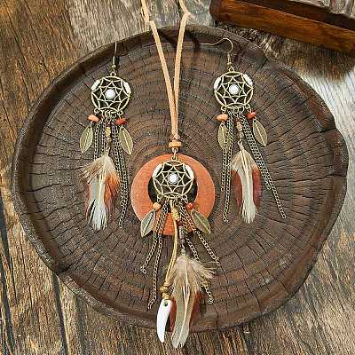 Woven Net/Web with Feather Alloy & Wood Necklaces & Earring Sets FS-WG8596C-01-1