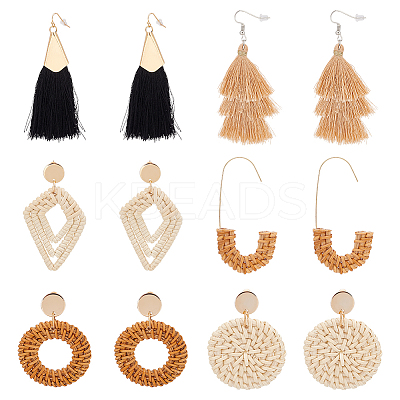 6 Pairs 6 Style Donut & Kite & Flat Round & Arch Rattan Dangle Stud Earrings EJEW-AN0001-28-1
