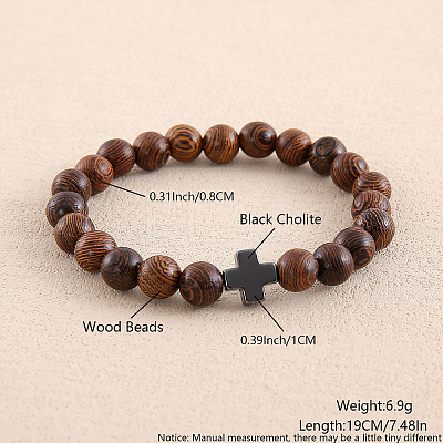 Natural Wood Round Beaded Stretch Bracelets for Men Women OI3299-5-1
