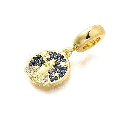Brass Micro Pave Clear & Blue Cubic Zirconia Flat Round with Rocket European Dangle Charms KK-C087-17G-1