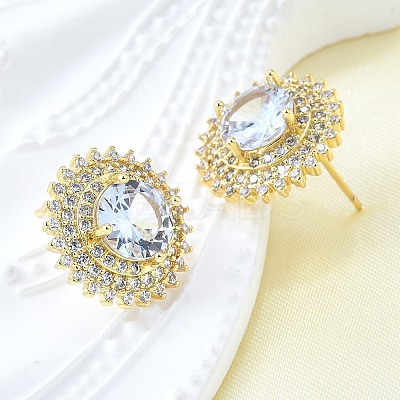 Brass Micro Pave Clear Cubic Zirconia Stud Earrings for Women EJEW-F363-03G-1