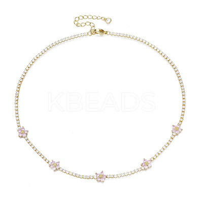 Cubic Zirconia Classic Tennis Necklace with Flower Links NJEW-N048-01F-1