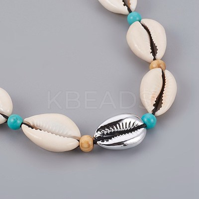 Adjustable Cowrie Shell and Synthetic Turquoise Beaded Necklaces NJEW-JN02300-01-1