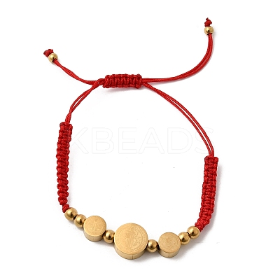 Adjustable 304 Stainless Steel Flat Round with Saint Benedict Braided Bead Bracelets for Women BJEW-K295-03G-01-1