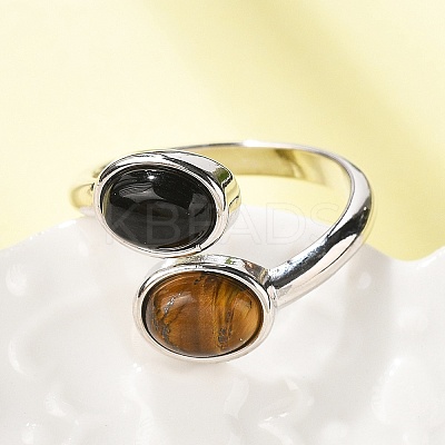 Natural Black Agate & Tiger Eye Finger Rings RJEW-A068-02P-03-1