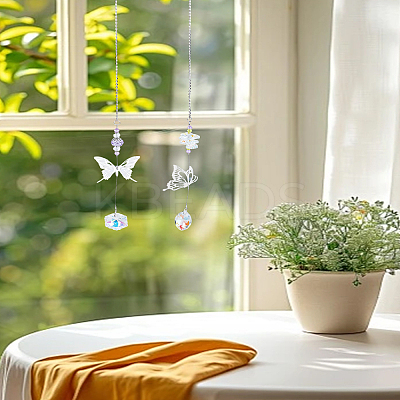 2Pcs 2 Styles Glass & Alloy Butterfly Hanging Suncathers HJEW-LP0002-89C-1