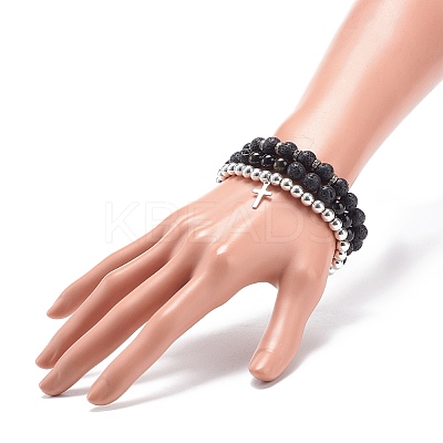 3Pcs 3 Style Style Natural Lava Rock & Golden Sheen Obsidian & Synthetic Hematite Stretch Bracelets Set BJEW-JB08735-1