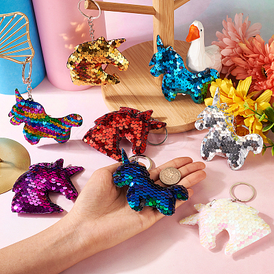 8Pcs 8 Style Reflective Sequin Unicorn Pendant Keychain KEYC-TA0001-20-1