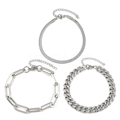 3Pcs 3 Styles 304 Stainless Steel Chain Bracelet Set BJEW-F505-01P-1