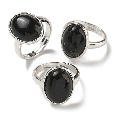 Natural Obsidian Oval Adjustable Rings RJEW-K371-07S-24-1