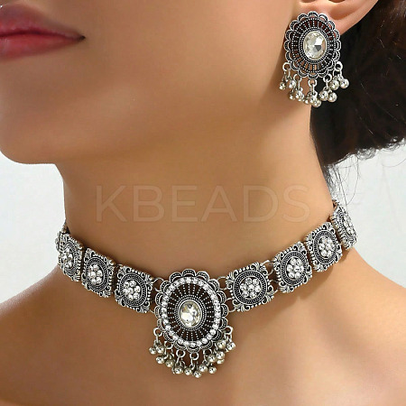 Oval Alloy Rhinestone Choker Necklace & Stud Earrings Sets for Women FS-WG6C9E9-02-1