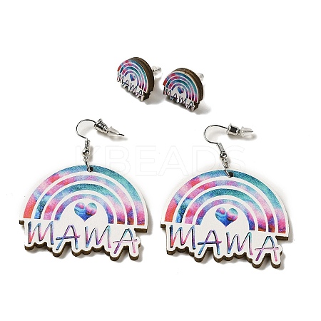 Mother's Day Theme Rainbow with Word Mama Wood Studs & Dangle Earrings Set SJEW-K002-05-1