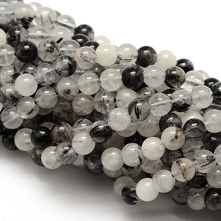 Natural Gemstone Black Rutilated Quartz Round Beads Strands G-E251-30-6mm-1