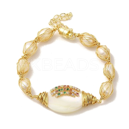 Oval Natural Pearl & Shell Link Bracelet with Colorful Rhinestone BJEW-C051-15G-1