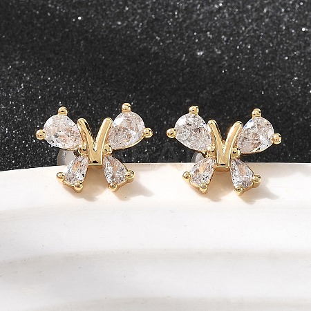 Butterfly Brass Micro Pave Clear Cubic Zirconia Stud Earrings EJEW-P331-07G-1