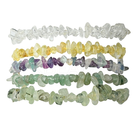 5Pcs 5 Styles Natural Green Aventurine & Quartz Crystal & Prehnite & Citrine & Fluorite Chips Beaded Stretch Bracelet Sets BJEW-JB10872-1