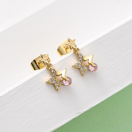 Brass Micro Pave Cubic Zirconia Star Dangle Stud Earrings EJEW-K267-22G-1