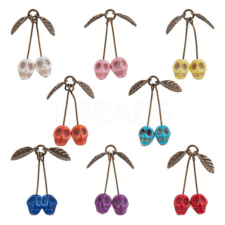 64Pcs 8 Colors Dyed Synthetic Turquoise Skull Cherry Pendants PALLOY-AR00020-1