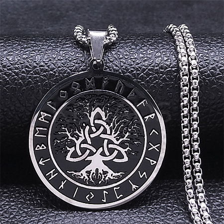 201 Stainless Steel Black Enamel Rune Tree of Life Pendant Necklaces for Men NJEW-K283-27P-1