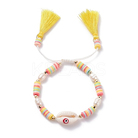 Natual Shell with Evil Eye & Pearl Braided Bead Bracelet BJEW-TA00049-01-1
