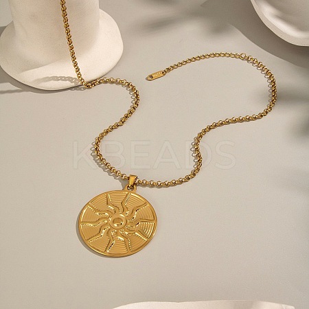 304 Stainless Steel Flat Round with Sun Pendant Necklaces for Women NJEW-G181-06G-1