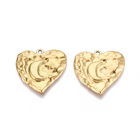 304 Stainless Steel Textured Heart with Moon Pendants STAS-T067-33G-1