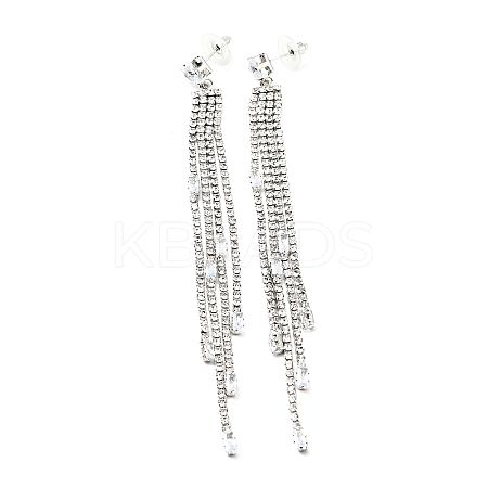 Clear Cubic Zirconia & Crystal Rhinestone Long Tassel Dangle Stud Earrings LS-EJEW-C037-07B-P-1
