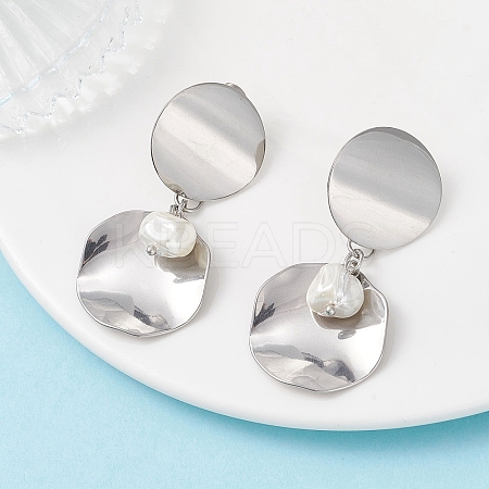 201 Stainless Steel Shell Pearl Flat Round Dangle Stud Earrings EJEW-JE06751-02-1