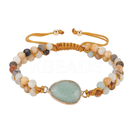 Natural Green Aventurine Teardrop Link Braided Bead Bracelet BJEW-SZ0002-54D-1